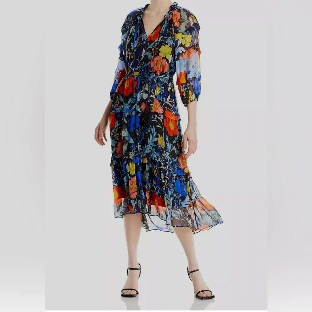 Kobi Halperin Floral Midi Dress Women M Cottagecore Romantic Boho Tiered Chiffon